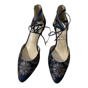 Alex Marie Blue Floral Fabric Kitten Pumps w/Tie Ankle SZ 9